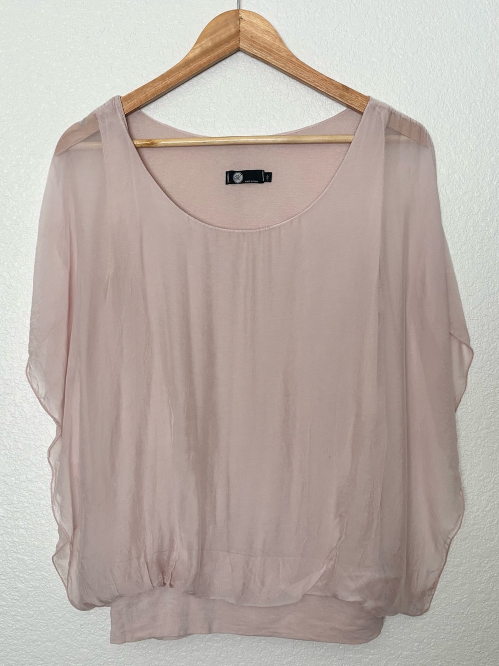 Italian Made Silk Blend Blouse Medium Blush Pink Sheer Dolman Sleeve